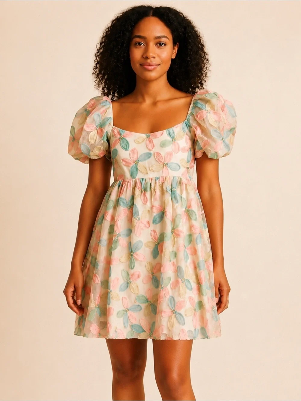 Romantic Pastel Floral Appliqué Puff Sleeve Mini Dress Sequins NWT M #2339-40
